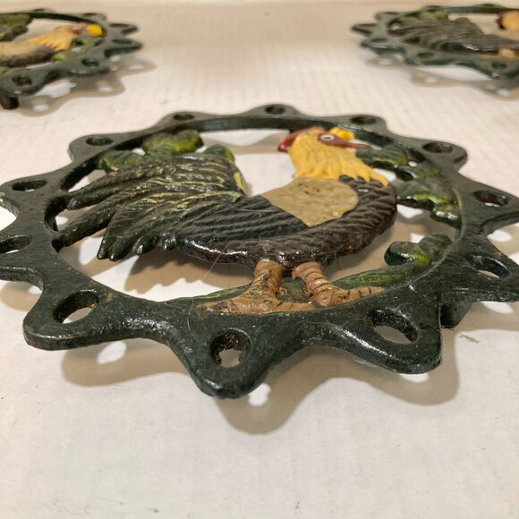 Vintage Cast Iron Rooster Trivet Pot Holder Hand Painted Country Cottage Core - Picture 8 of 8